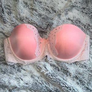 Victoria’s Secret strapless pink lace bra. Size 34C. Cute pink bow detail.